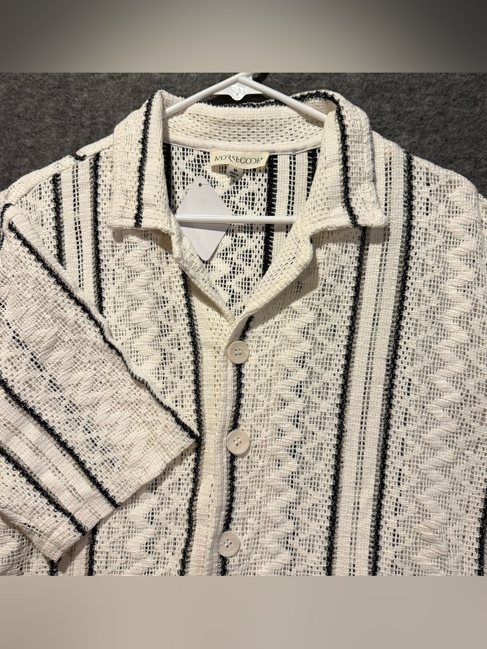 Morse Code Shirt Mens M White Cream Striped Open Knit Crochet Short Camp Coastal